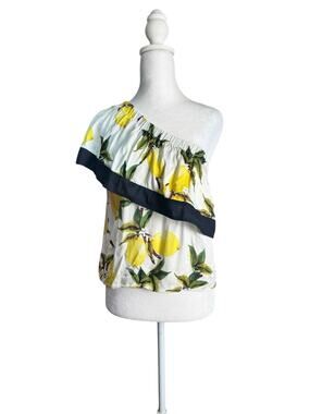 Lucca Lemon Print One Shoulder Top Ruffle Asymmetrical Coastal Italian Summer S